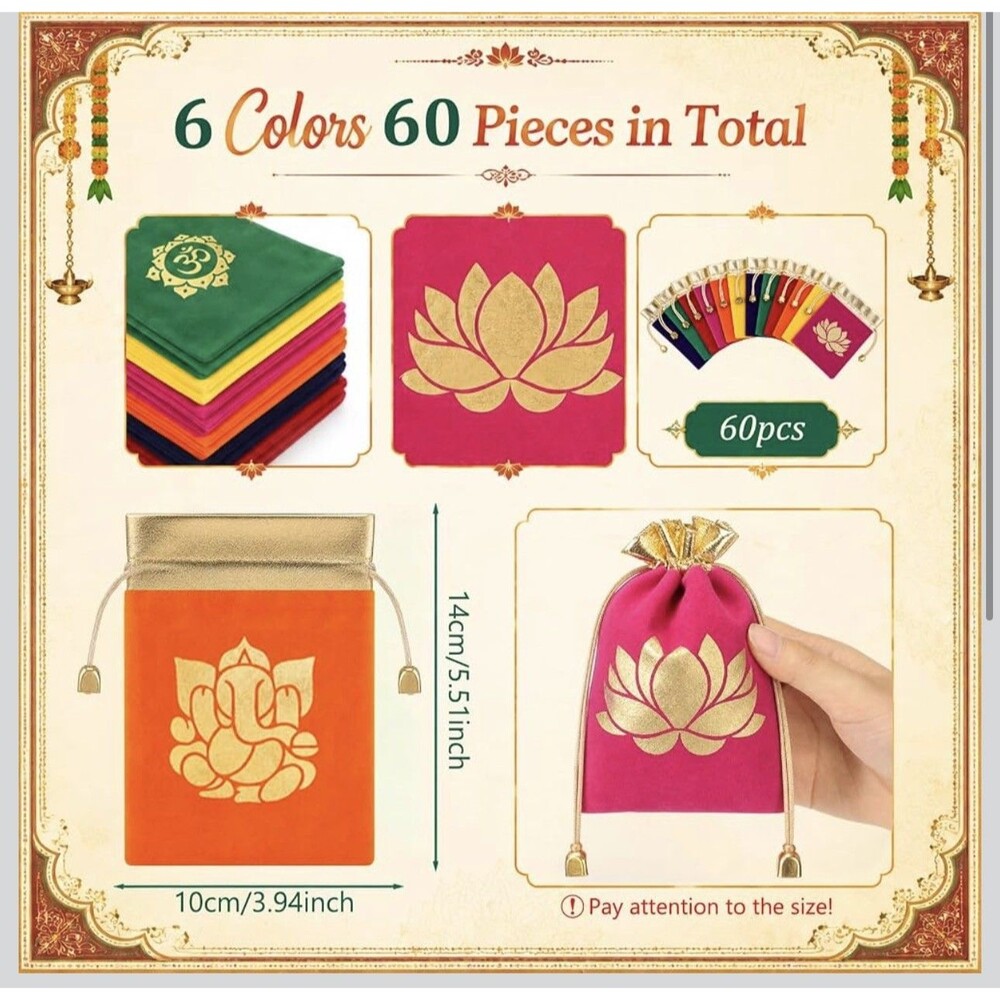 60 Pcs Potli Bags Indian Return Gifts for Diwali, 4x5.5'', Classic